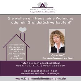 Werbung für Arnold Immobilien, Kontaktinfos, Foto einer Frau und Text über Immobilienverkauf.