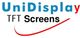 Logo mit Text "UniDisplay TFT Screens", blauer und roter Schriftzug mit rotem Schwung.
