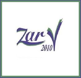 Logo con texto "zarV 2010" en azul y verde, con borde gris.