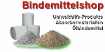 Bindemittelshop-Logo mit Abbildungen von Bindemitteln und Text zu Umweltprodukten.