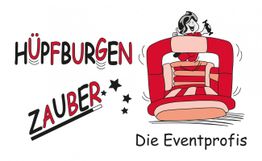 Illustration einer Hüpfburg mit Text: "Hüpfburgen Zauber. Die Eventprofis" in Rot und Schwarz.