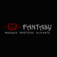Logo de Fantasy Masajes Eróticos Alicante con fondo negro y diseño de corazón rojo.