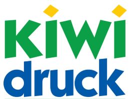 Logo mit grünem "Kiwi" und blauem "Druck", gelbe Quadrate über den Buchstaben "i".