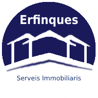Logotipo de servicios inmobiliarios Erfinques, con dibujo de casas y texto en azul.