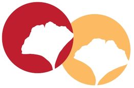 Zwei überlappende Kreise: links rot, rechts orange, silhuettiertes Ginkgoblatt in der Mitte.