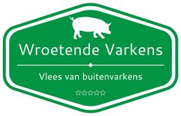 Groen logo met een illustratie van een varken en de tekst "Wroetende Varkens, Vlees van buitenvarkens".