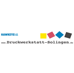 Hawkeye-Logo mit farbigen Quadraten und "www.druckwerkstatt-solingen.de".