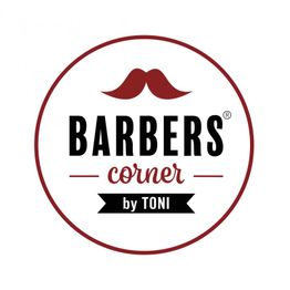 Logo von "Barbers Corner by Toni" mit rotem Schnurrbart in Kreisform.