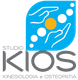 Logo di Studio Kios con mani e cerchi su sfondo blu, testo "Kinesiologia e Osteopatia".