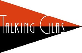 Rotes und schwarzes Dreieck mit weißem Text: "Talking Glas".