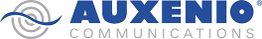 Logo von Auxenio Communications in Blau und Grau mit stilisiertem Wellen- und Kreisdesign.