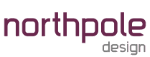 Logo mit Text "northpole design" in lila und grau auf weißem Hintergrund.
