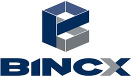 Logo met geometrische vorm en de tekst "BINX" in blauwe en grijze tinten.