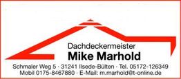Grafik von Dachdeckermeister Mike Marhold mit Kontaktinformationen.