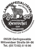 Logo der Lammfleischerei Hentschel mit Lammzeichnung, Adresse und Telefonnummer in Geringswalde.