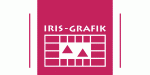 Rosa Logo mit "IRIS-GRAFIK" und stilisierten Formen in einem Raster.