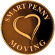 Coin with heart design, text: "Smart Penny Moving."