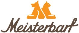 Logo mit orangefarbenem Hund und Katze über Näpfen, darunter der Schriftzug "Meisterbarf".