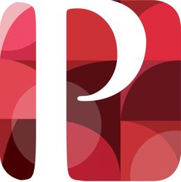 Stilisiertes weißes "P" auf rot-gemustertem Hintergrund.