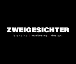 Schwarzer Hintergrund mit weißem Text "ZWEIGESICHTER" und darunter "branding | marketing | design".