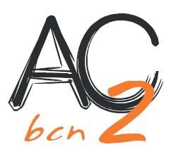 Texto "AG bcn 2" en diseño artístico con letras negras y anaranjadas.