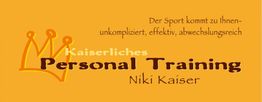 Gelbes Logo mit Krone, Text: "Kaiserliches Personal Training, Niki Kaiser, Sport unkompliziert".