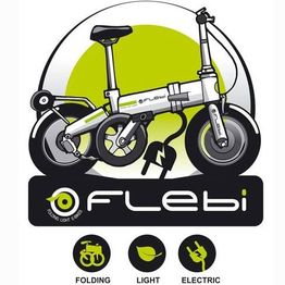 Bicicleta plegable eléctrica Flebi en fondo verde, con iconos de plegado, ligereza y electricidad.