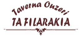 Logo mit Text: Taverna Ouzeri TA FILARAKIA, verziert mit stilvollen Ornamenten.