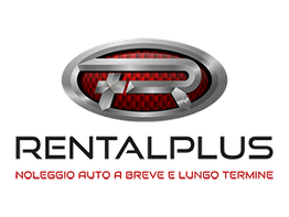 Logo "Rental Plus", noleggio auto a breve e lungo termine. Sfondo rosso e grigio metallico.