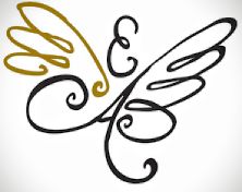 Stylized calligraphic wings and ampersand in gold and black, resembling angel wings.