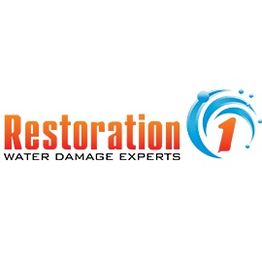 Restoration 1 logo with blue water design; text: "Water Damage Experts."