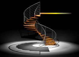 Wendeltreppe aus Holz und Metall, beleuchtet, mit Schatten auf dem Boden in einer dunklen Umgebung.