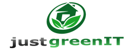 Logo mit Haus und Blättern, daneben Text: "justgreenIT" in Schwarz und Grün.