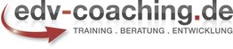 Logo mit Text "edv-coaching.de, Training, Beratung, Entwicklung" und einem roten Pfeil nach links.