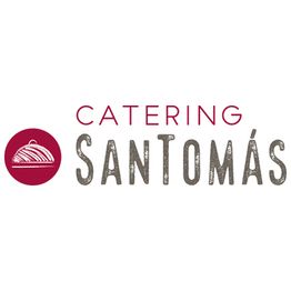 Logo de "Catering Santomás" con icono de bandeja roja y texto en fondo blanco.
