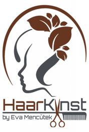 Logo mit Silhouette einer Frau mit Blättern im Haar, "HaarKunst" und Schere mit Kamm darunter.