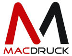 Logo mit rotem "M" und schwarzem "A". Darunter steht "MAC DRUCK" in roter und schwarzer Schrift.