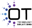 Logo di "OT Technology Solutions" con cerchi blu e viola a sinistra delle lettere.