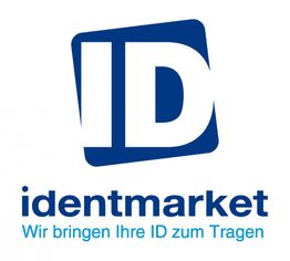 Logo von identmarket mit Slogan "Wir bringen Ihre ID zum Tragen", blauer und weißer Text.