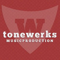 Rotes Logo mit einem stilisierten W und dem Text „tonewerks Music Production“ in Weiß.