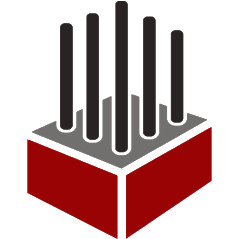 A red and gray 3D box with vertical black bars extending from the top.