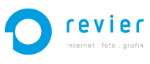 Blaues Logo mit Kreis und Schriftzug "revier". Kleiner Text: "internet . foto . grafik".