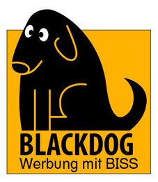 Schwarzer Hund auf gelbem Hintergrund mit Text: "BLACKDOG Werbung mit BISS".