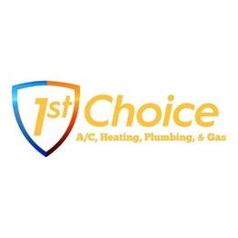 Logo of 1st Choice, A/C, Heating, Plumbing, and Gas with a shield design.