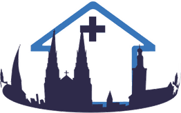 Silhouette einer Stadt unter einem blauen Haus mit Kreuz als Symbol für Gesundheitseinrichtungen.