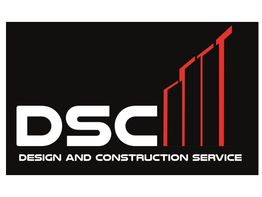 Logotipo de DSC con texto "Design and Construction Service" y líneas rojas ascendentes.