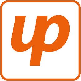 Ein oranges "up" auf weißem Hintergrund mit einem orangenen Rahmen.