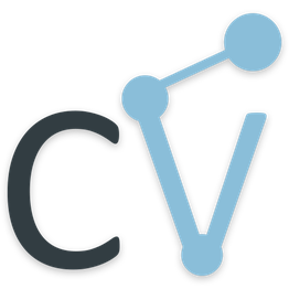 Buchstaben "C" und stilisiertes "V" aus blauen Punkten und Linien formen ein Logo.