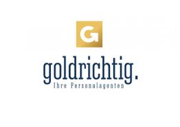 Goldenes "G" über "goldrichtig. Ihre Personalagenten" in blauem Text auf weißem Hintergrund.
