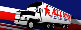 Illustration of an "All Star Moving Service" truck against a blue, red, and white background.